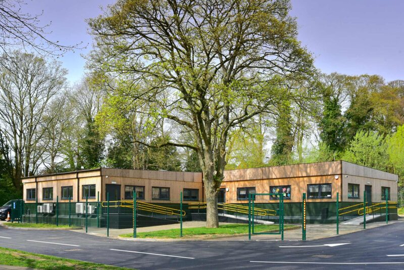 Image of new modular school building with wood features