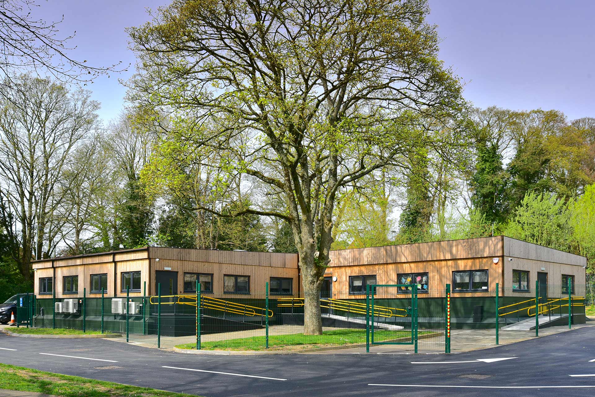 Image of new modular school building with wood features