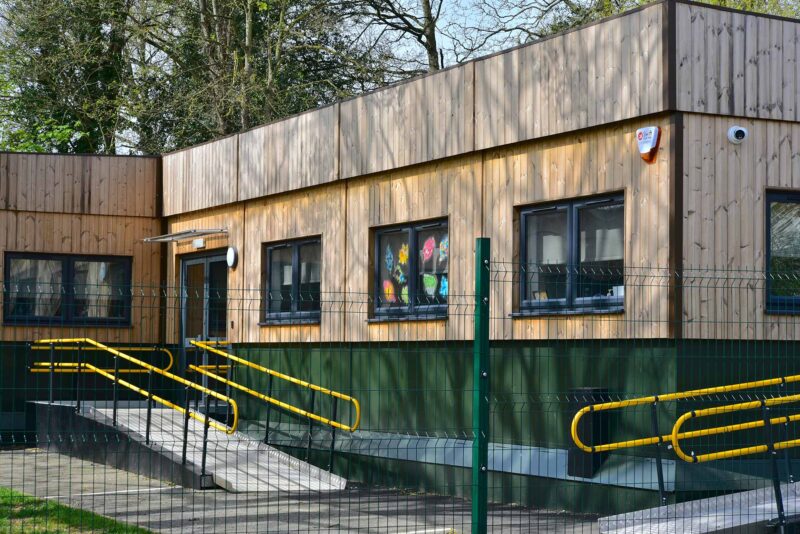 Image of modular classroom block with wood cladding